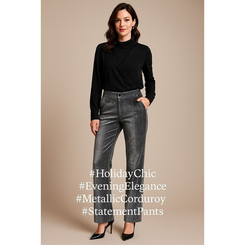 Per Se Womens 14 Metallic Stretch Straight Leg Dress Pant Gray Silk Trim Holiday